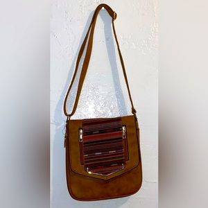 Brown Leather & Woven Fiber Crossbody Bag